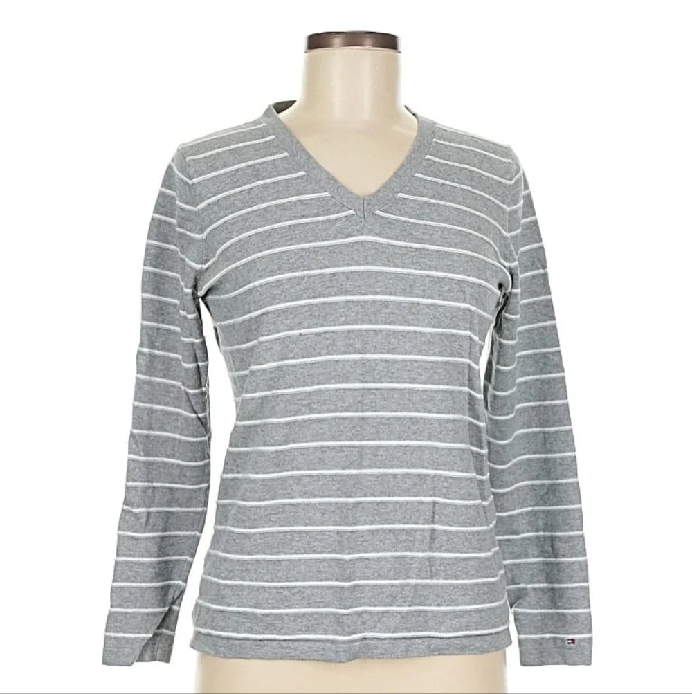 Tommy Hilfiger Gray and White Striped V-Neck Top